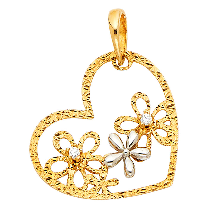 14k Two-tone Gold Heart with Flower Clusters and White CZ Accents Charm Pendant 15mm x 20mm