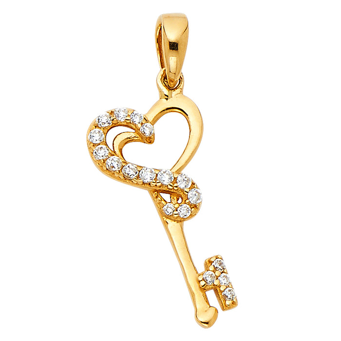 14k Yellow Gold High Polished Key Charm Pendant with CZ Accents, 19mm x 10mm