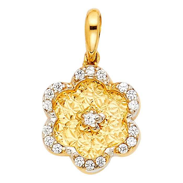 14k Yellow Gold Flower Charm Pendant, Accented with White CZ Boarder (11mm x 11mm)