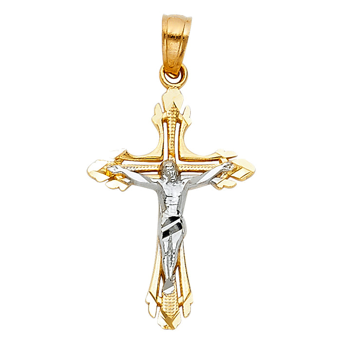 14K Two-tone Gold Small/Mini Religious Cut-Out Design Crucifix  (25mm x 16mm)