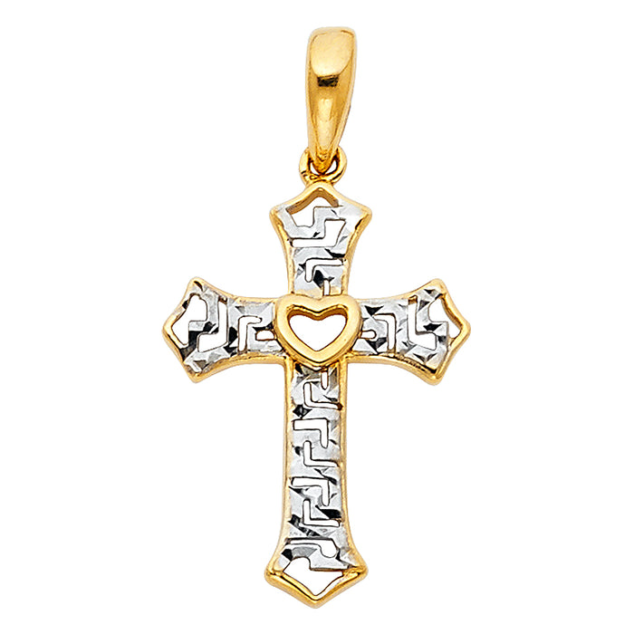 14k Two-tone Religious Small Cross Charm Pendant with Heart Center, Cut-out (24mm x 12mm)