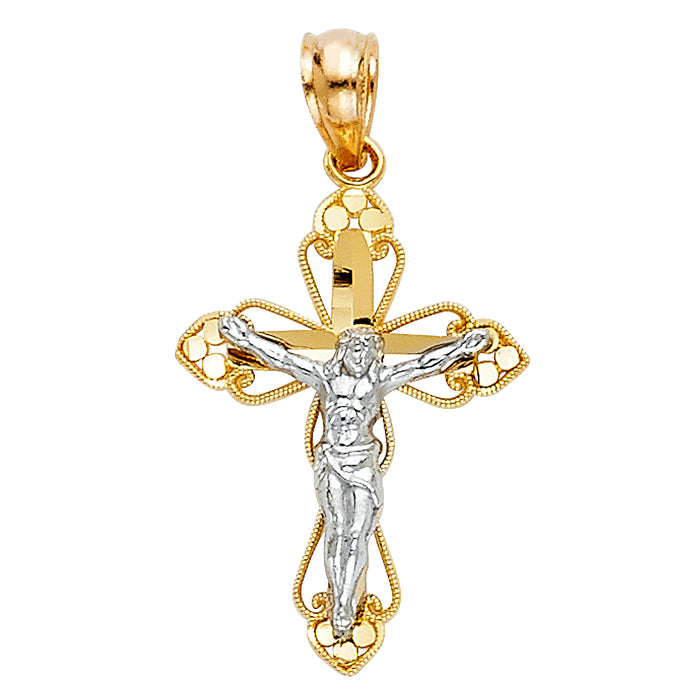 14K Two-tone Gold Small/Mini Religious Cut-Out Design Crucifix  (21mm x 15mm)