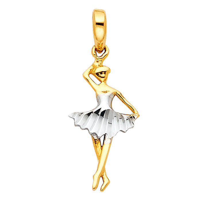 14k Two-tone Gold Ballerina Dancer Charm Pendant with White Rhodium Dimond-cut Dress Tutu  (18mm x 10mm)