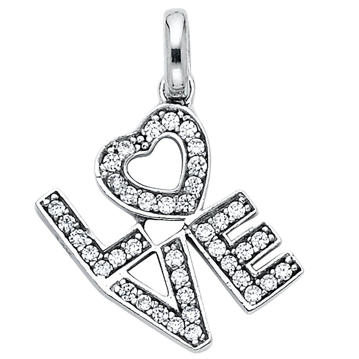 14k White Gold Love Charm Pendant, White CZ Stone Accents (13mm x 10mm)