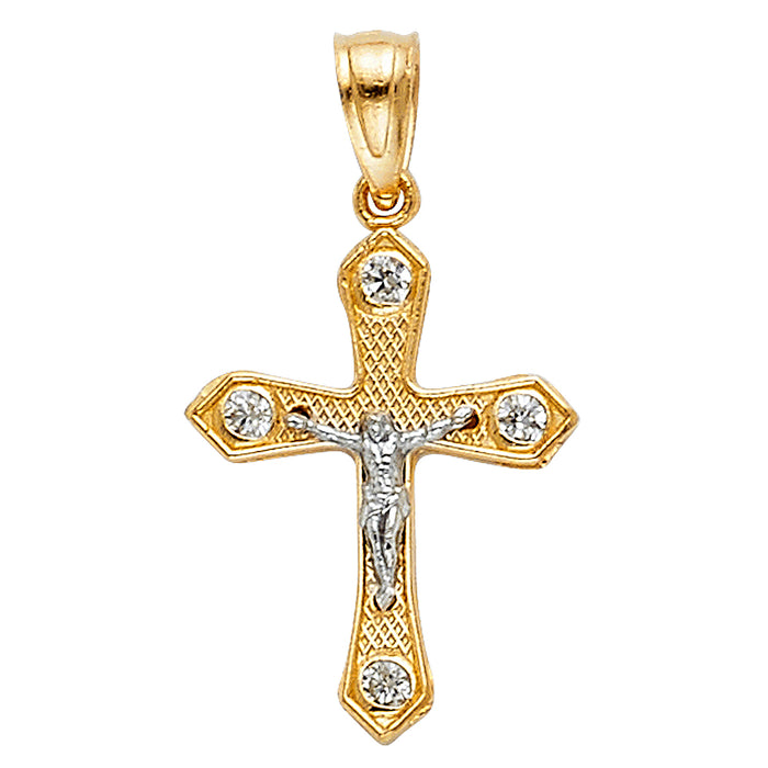 14K Two-tone Gold Small/Mini Religious Passion CZ Cross Crucifix  (20mm x 13mm)