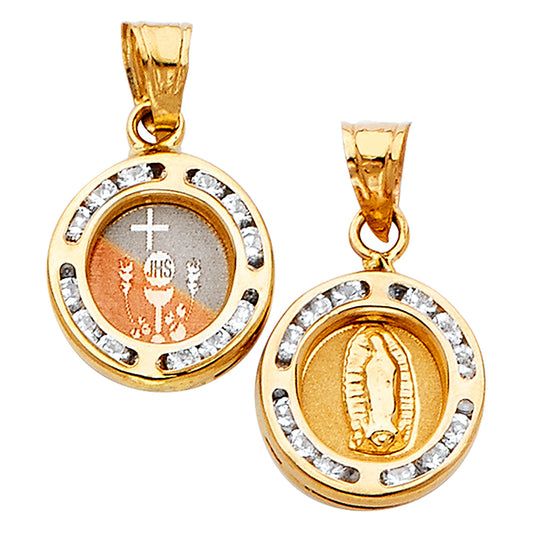 14k Tri-color Gold Religious Double Sided Circle Charm Pendant, Communion and Virgin Mary, CZ Channel Set Accent (12mm x 12mm)