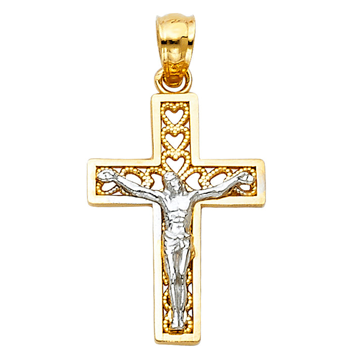 14K Two-tone Gold Small/Mini Religious Heart Design Cross Crucifix  (21mm x 14mm)