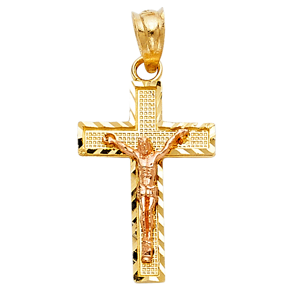 14K Two-tone Gold Small/Mini Religious Side Diamond-cut Crucifix  (21mm x 13mm)