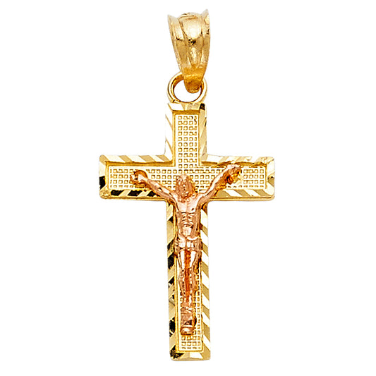 14K Two-tone Gold Small/Mini Religious Side Diamond-cut Crucifix  (21mm x 13mm)