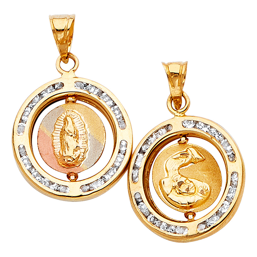 14K Tri-Color Gold 2 Side Religious Charm Pendant, Virgin Mary and Baptism, Channel Set CZ Boarder  (15mm x 15mm)