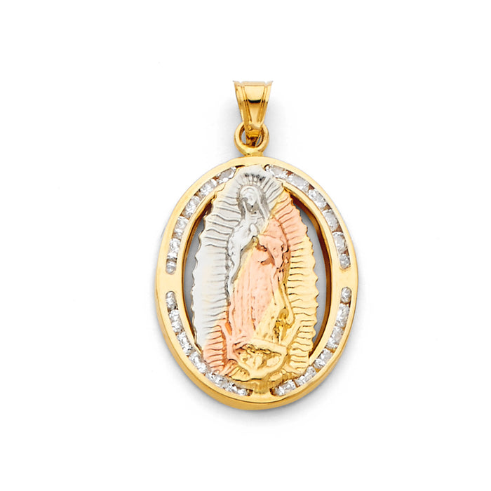 14K Tri-Color Gold Religious Virgin Mary with White Channel Set CZ Oval Boarder Charm Pendant  (20mm x 15mm)