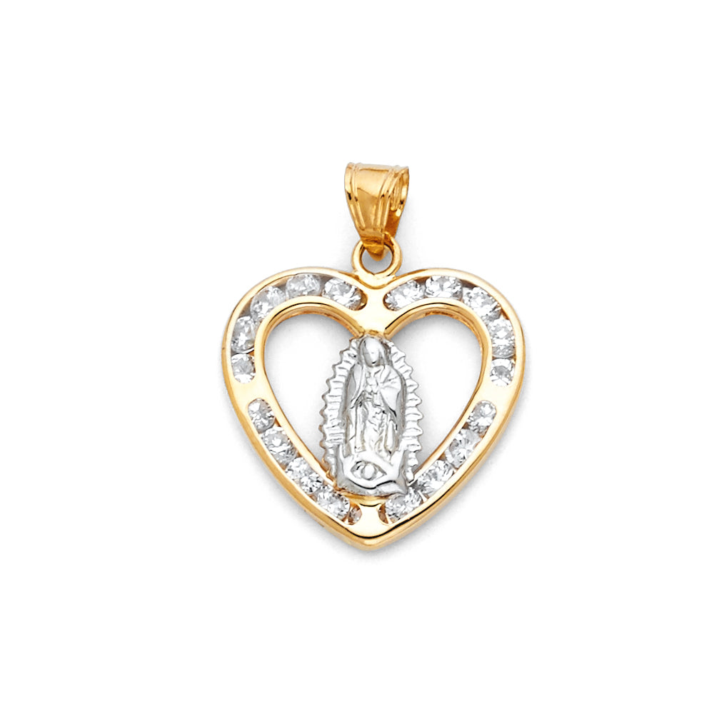 14K Two-tone Gold Religious Virgin Mary Heart with Channel Set White CZ Boarder Charm Pendant  (15mm x 15mm)