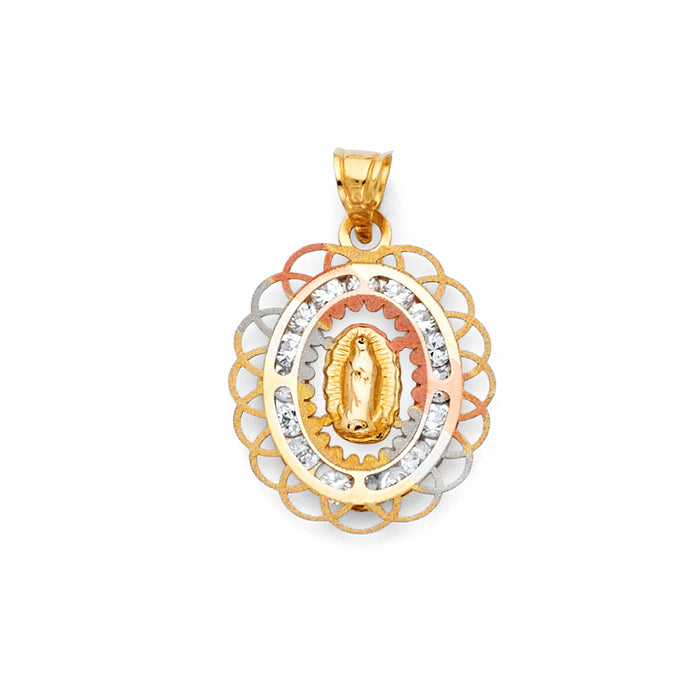 14K Tri-Color Gold Small/Mini Guadalupe with Oval Frame and Channel Set CZ Medal with Lace Trim (30mm x 15mm)