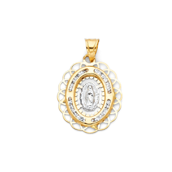 14K Two-Tone Gold Small/Mini Guadalupe with Oval Frame and Channel Set CZ Medal with Lace Trim (30mm x 15mm)