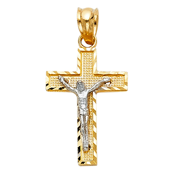 14K Two-tone Gold Small/Mini Religious Side Diamond-cut Crucifix  (21mm x 13mm)