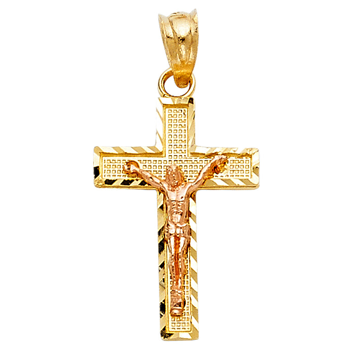 14K Two-tone Gold Small/Mini Religious Side Diamond-cut Crucifix  (21mm x 13mm)