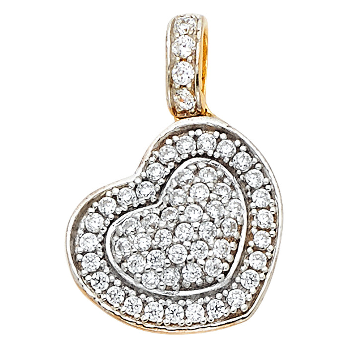 14k Yellow Gold Heart Paved with White CZ Stones Small/Mini Charm Pendant  (10mm x 12mm)