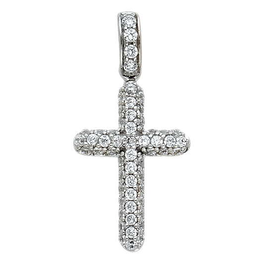 14k White Gold Cross with Paved White CZ Stones on Cross and Bail Charm Pendant  (15mm x 10mm)