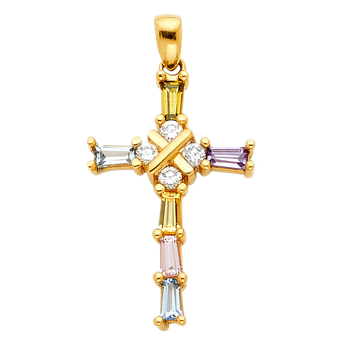 14k Yellow Gold Religious Cross Accented with White Round and Multi-colored  CZ Stones Charm Pendant  (20mm x 12mm)