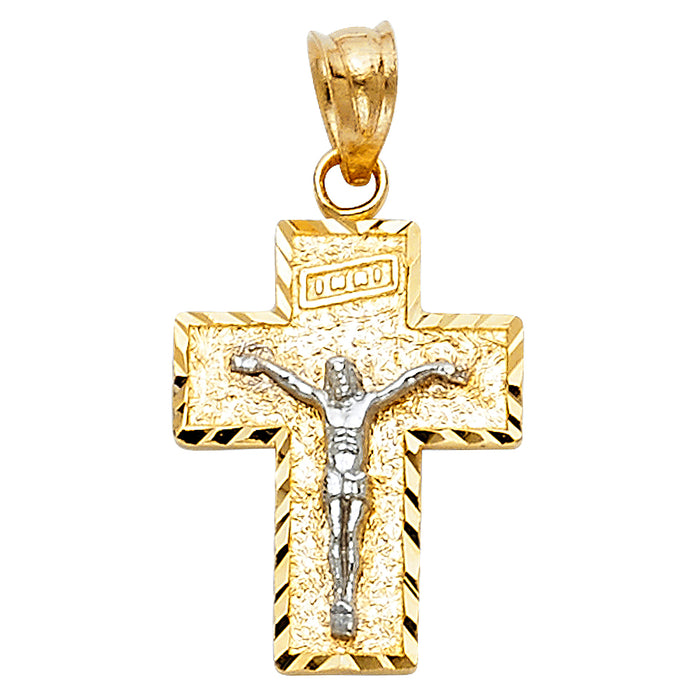 14K Two-tone Gold Religious Side Diamond-cut Crucifix  (20mm x 13mm)