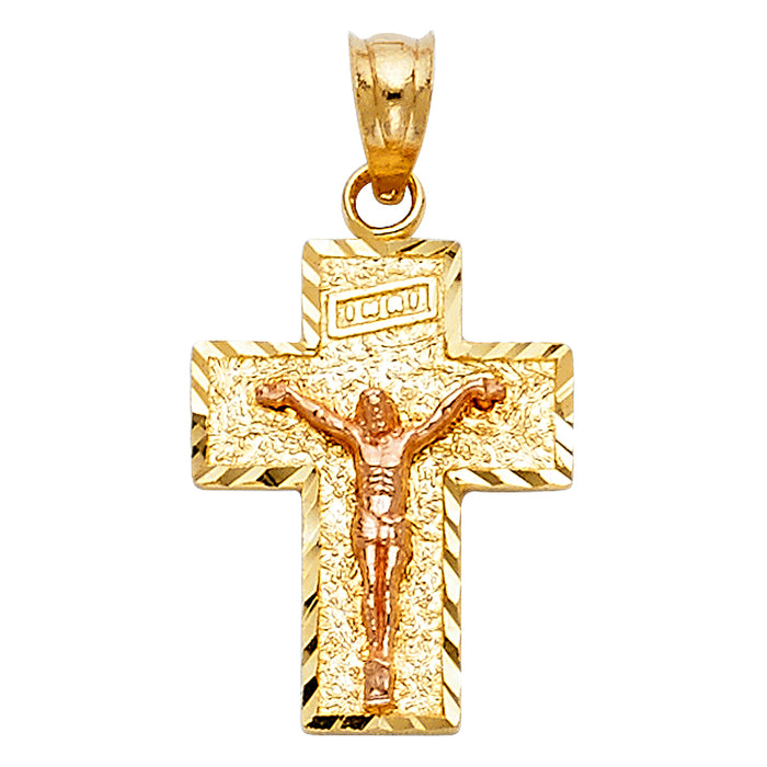 14K Two-tone Gold Religious Side Diamond-cut Crucifix  (20mm x 13mm)