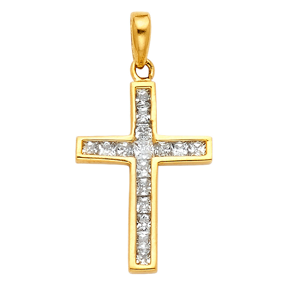 14k Yellow Gold Cross with Channel Set White CZ Stones Charm Pendant  (20mm x 12mm)