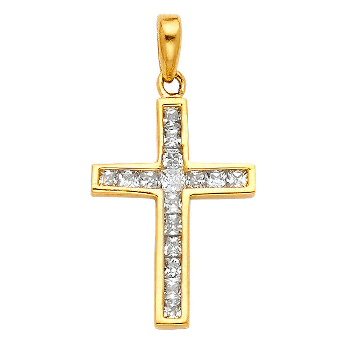 14k Yellow Gold Cross with Channel Set White CZ Stones Charm Pendant  (20mm x 12mm)