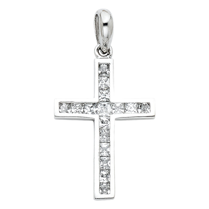 14k White Gold Cross with Channel Set White CZ Stones Charm Pendant  (20mm x 12mm)