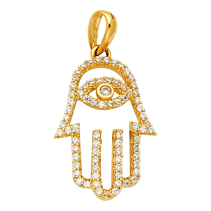 14k Yellow Gold Hamsa Hand Accented with White CZ Stones Charm Pendant  (20mm x 13mm)