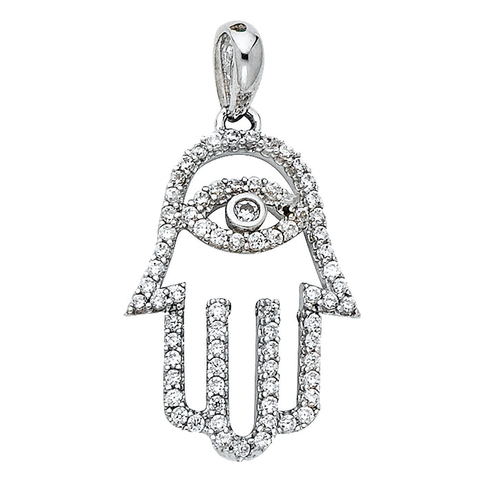 14k White Gold Hamsa Hand Accented with White CZ Stones Charm Pendant  (20mm x 13mm)