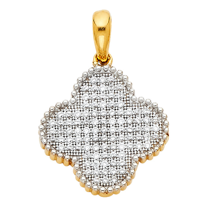 14k Two-tone Gold Flower Accented with Paved White CZ Stones Charm Pendant  (17mm x 17mm)