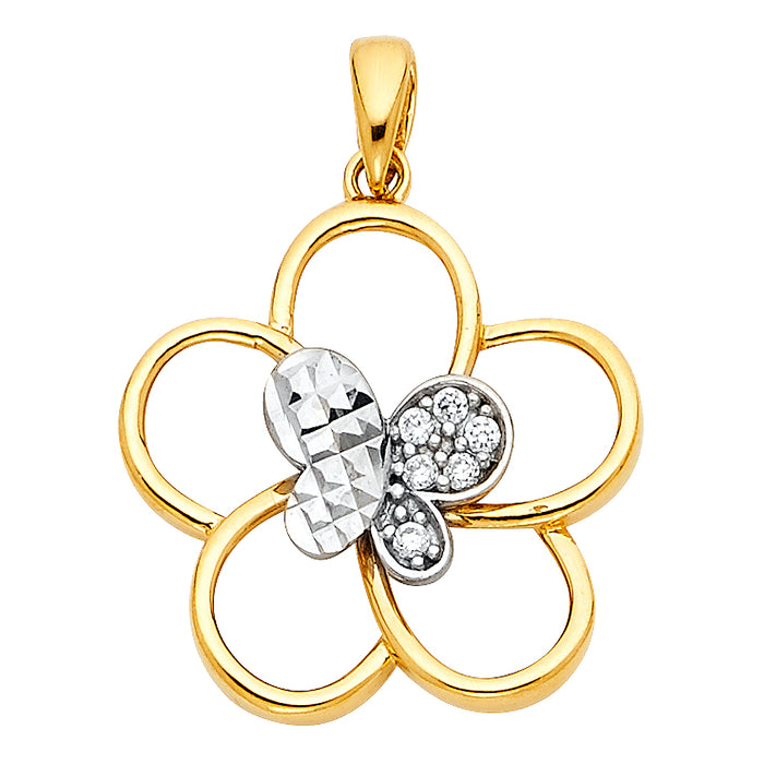 14k Two-tone Gold Flower with White Diamond-cut Butterfly and White CZ Stones Charm Pendant  (18mm x 18mm)