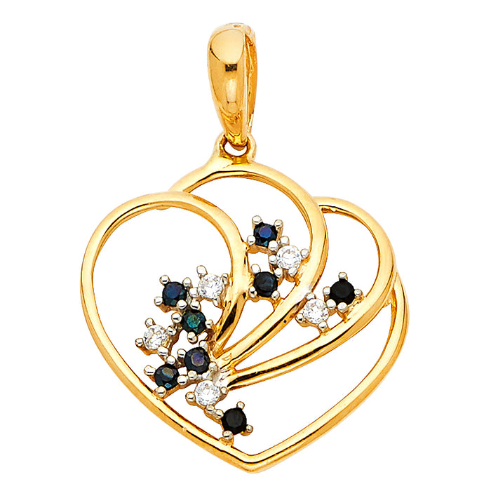 14k Yellow Gold Polished Heart With White White and Blue CZ Charm Pendant  (18mm x 18mm)