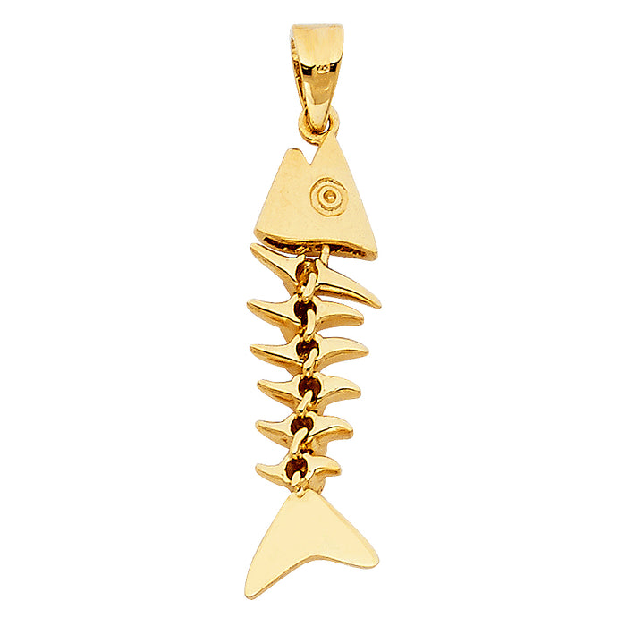14k Yellow Gold Motion Fish Bone Charm Pendant  (27mm x 8mm)