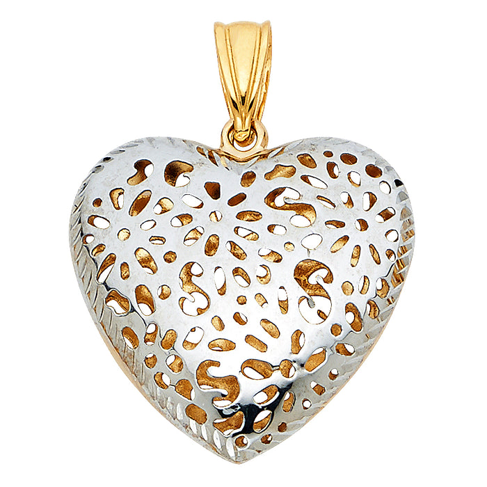 14K Two-tone Gold Flower Cut-Out Heart Pendant (20mm x 21mm)