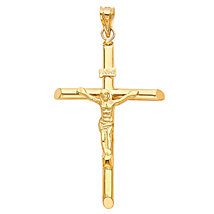 14k Yellow Gold Religious Tubular Cross Crucifix Charm Pendant, High Polish (56 x 37mm)