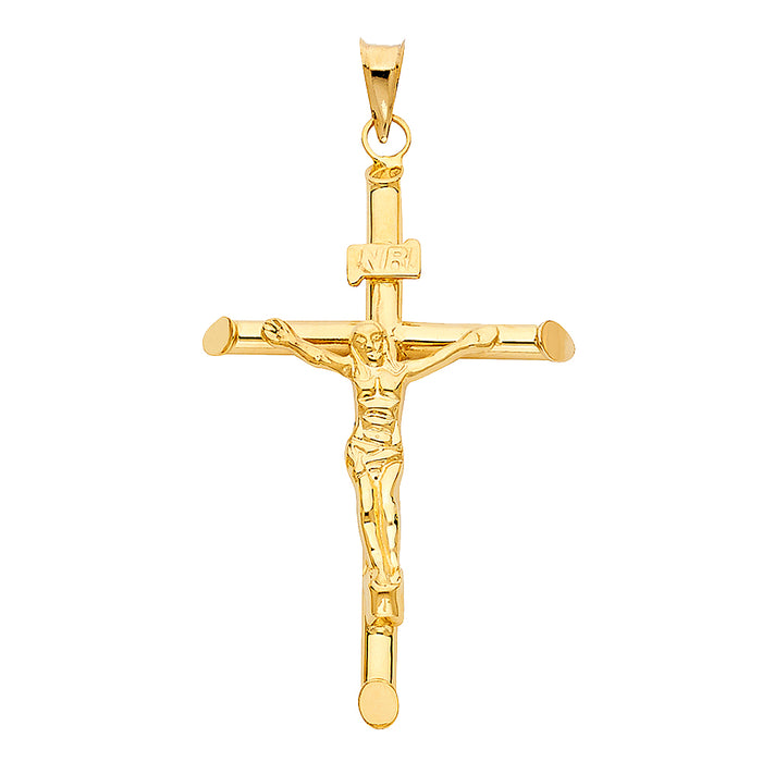 14k Yellow Gold Religious Tubular Cross Crucifix Charm Pendant, High Polish (48 x 32mm)