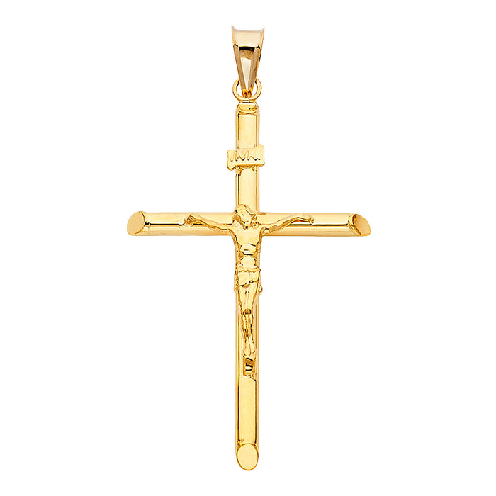 14k Yellow Gold Religious Tubular Cross Crucifix Charm Pendant, High Polish (42 x 28mm)