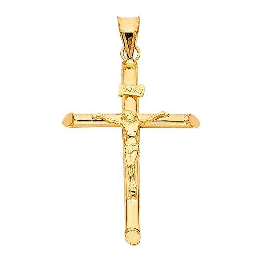 14k Yellow Gold Religious Tubular Cross Crucifix Charm Pendant, High Polish (35 x 23mm)