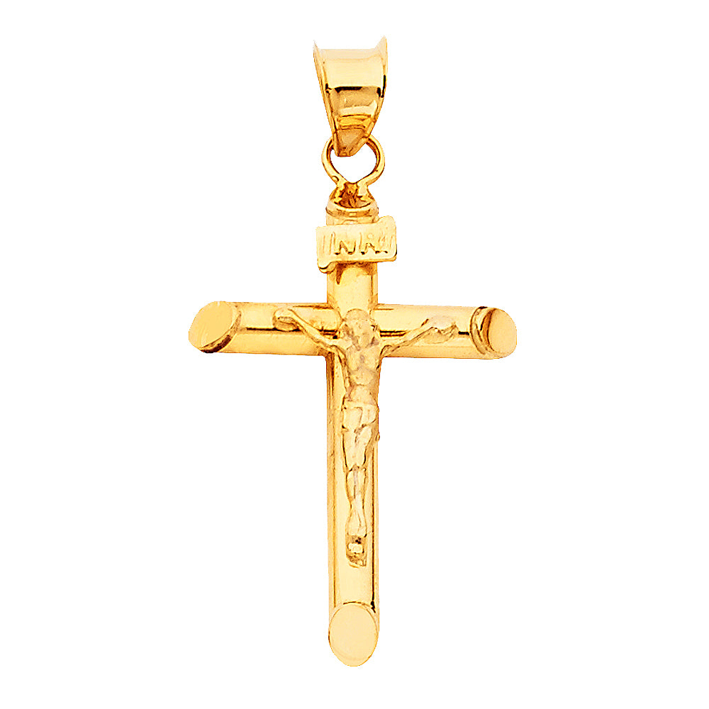 14k Yellow Gold Religious Tubular Cross Crucifix Charm Pendant, High Polish (25 x 17mm)
