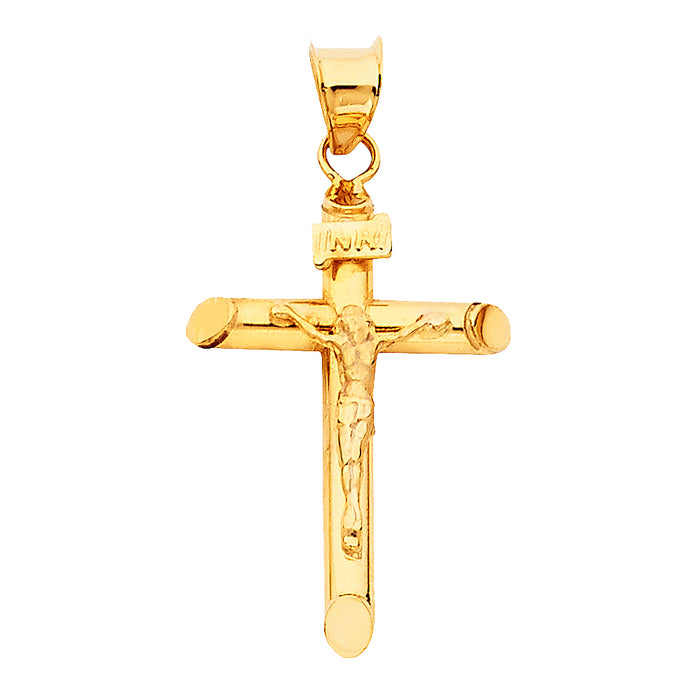 14k Yellow Gold Religious Tubular Cross Crucifix Charm Pendant, High Polish (25 x 17mm)
