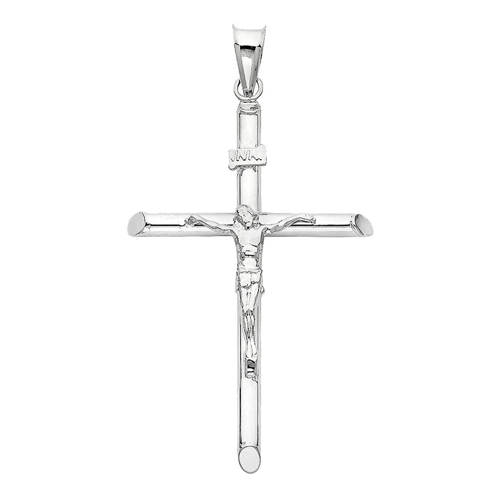 14k White Gold Religious Tubular Cross Crucifix Charm Pendant, High Polish (42 x 27mm)