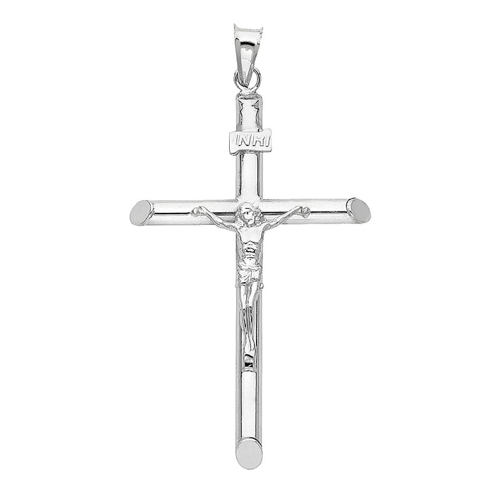 14k White Gold Religious Tubular Cross Crucifix Charm Pendant, High Polish (48 x 32mm)
