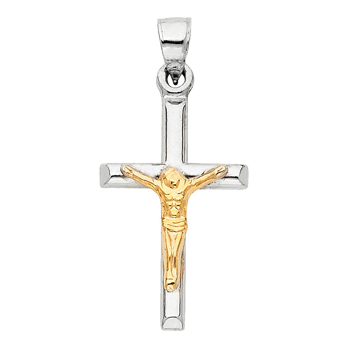 14K Two-tone Gold Small/Mini Religious Crucifix Cross Charm Pendant, (25 x 16mm)