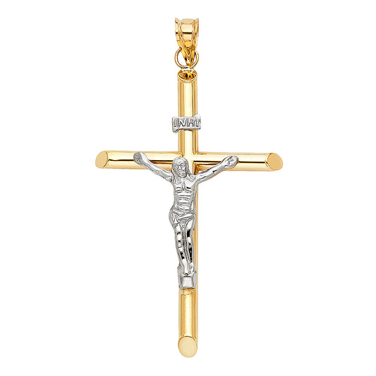 14k Two-tone Gold Religious Tubular Cross Crucifix Charm Pendant, High Polish (56 x 37mm)
