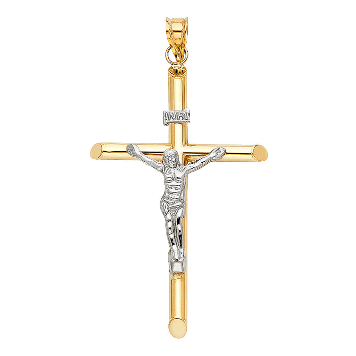 14k Two-tone Gold Religious Tubular Cross Crucifix Charm Pendant, High Polish (56 x 37mm)