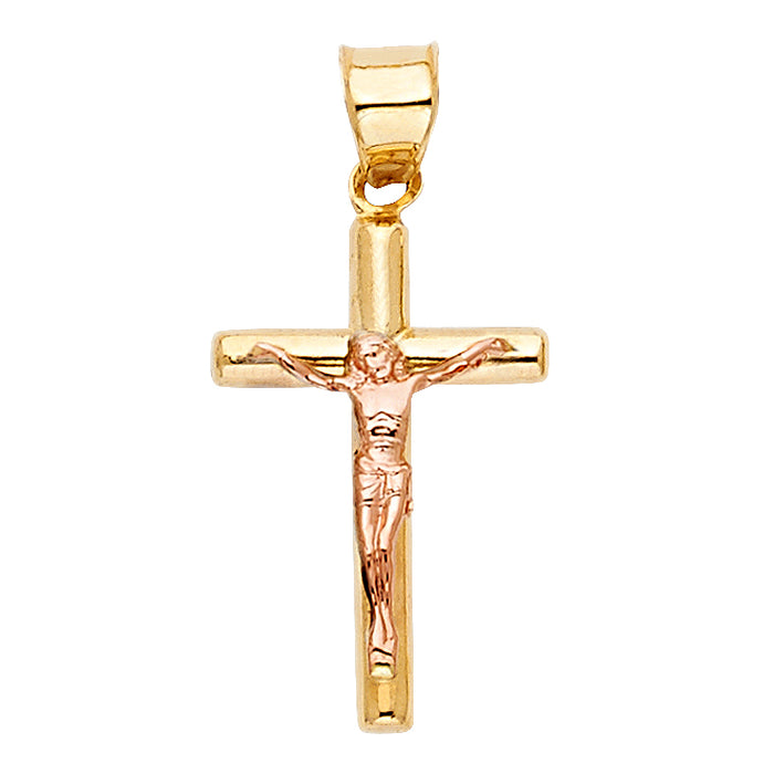 14k Two-tone Gold Religious Tubular Cross Crucifix Charm Pendant, High Polish (19 x 12mm)