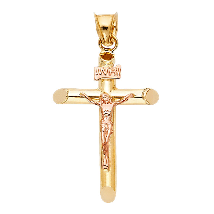 14k Two-tone Gold Mini Religious Tubular Cross Crucifix with Rose Gold Jesus and INRI Charm Pendant, High Polish (25 x 17mm)