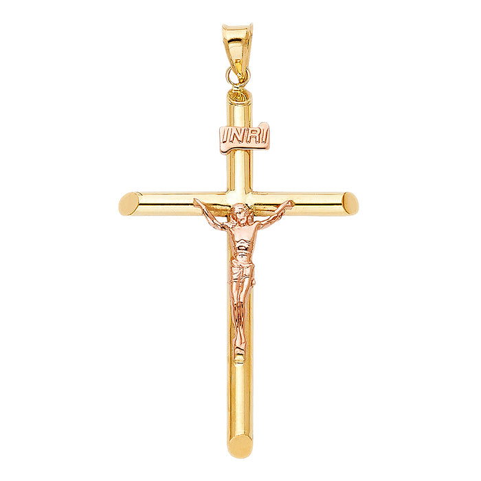 14k Two-tone Gold Small Religious Tubular Cross Crucifix with Rose Gold Jesus and INRI Charm Pendant, High Polish (38mm x 24mm)