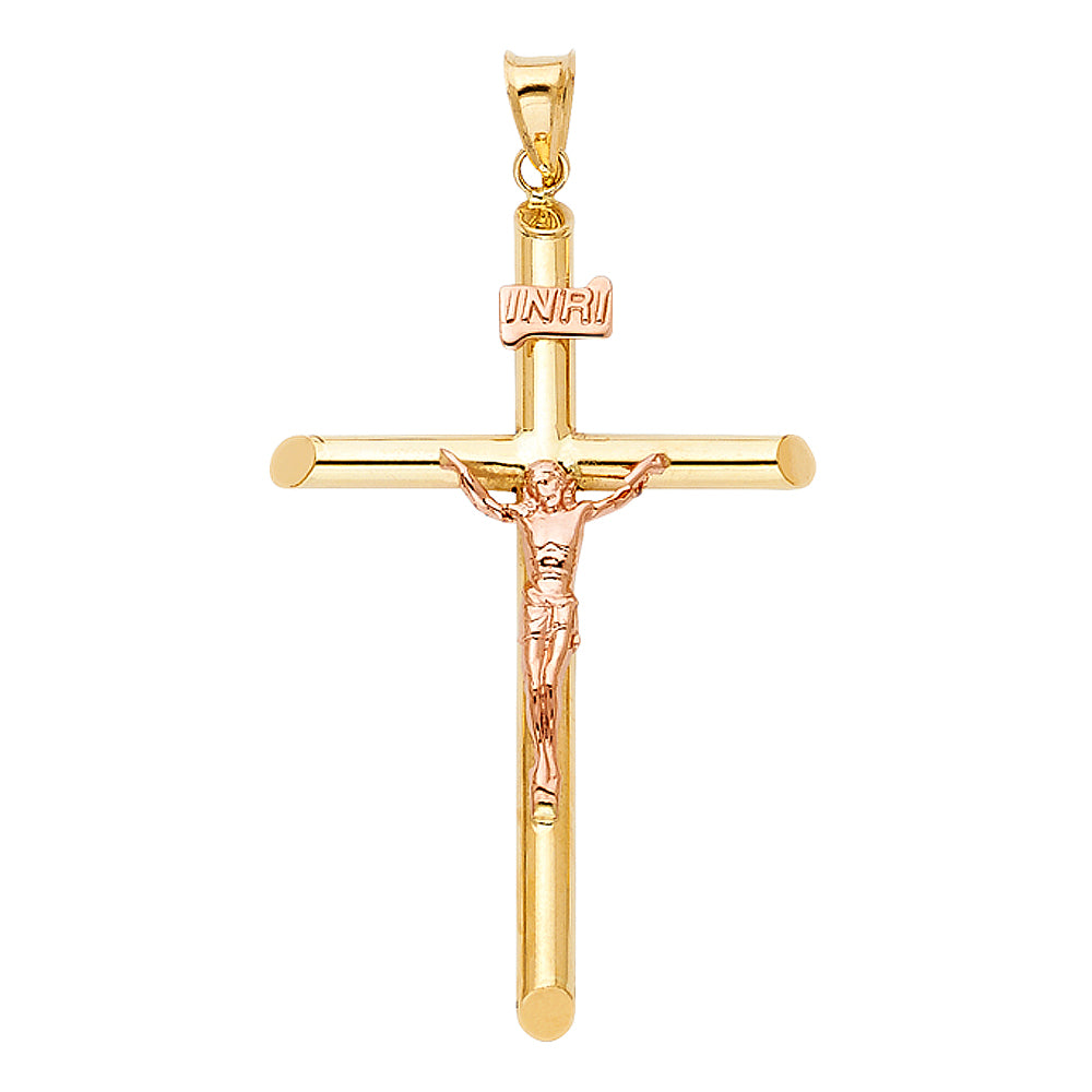 14k Two-tone Gold Medium Religious Tubular Cross Crucifix with Rose Gold Jesus and INRI Charm Pendant, High Polish  (42mm x 27mm)